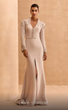 MNM Couture V02030 Rayon Crepe gown with slashed sleeves, refined belt and V-neck. Embellished with rhinestones and crystals. | Couture Shop LA