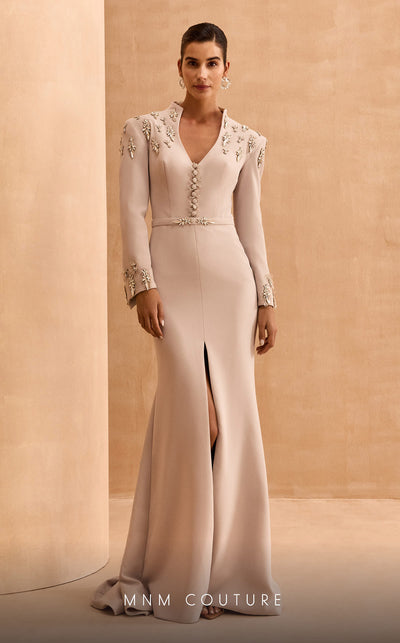 MNM Couture V02030 Rayon Crepe gown with slashed sleeves, refined belt and V-neck. Embellished with rhinestones and crystals. | Couture Shop LA