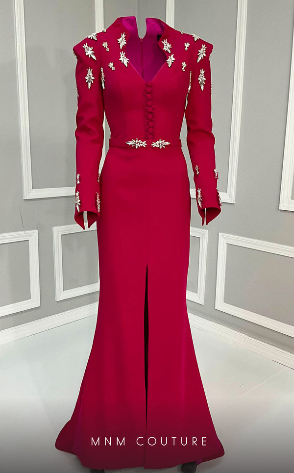 MNM Couture V02030 Rayon Crepe gown with slashed sleeves, refined belt and V-neck. Embellished with rhinestones and crystals. | Couture Shop LA