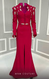 MNM Couture V02030 Rayon Crepe gown with slashed sleeves, refined belt and V-neck. Embellished with rhinestones and crystals. | Couture Shop LA