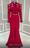 MNM Couture V02030 Rayon Crepe gown with slashed sleeves, refined belt and V-neck. Embellished with rhinestones and crystals. | Couture Shop LA
