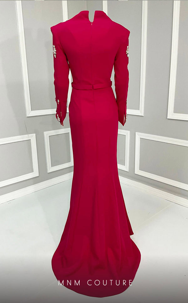 MNM Couture V02030 Rayon Crepe gown with slashed sleeves, refined belt and V-neck. Embellished with rhinestones and crystals. | Couture Shop LA