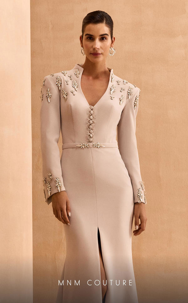 MNM Couture V02030 Rayon Crepe gown with slashed sleeves, refined belt and V-neck. Embellished with rhinestones and crystals. | Couture Shop LA