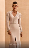 MNM Couture V02030 Rayon Crepe gown with slashed sleeves, refined belt and V-neck. Embellished with rhinestones and crystals. | Couture Shop LA