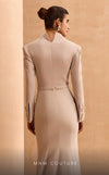 MNM Couture V02030 Rayon Crepe gown with slashed sleeves, refined belt and V-neck. Embellished with rhinestones and crystals. | Couture Shop LA