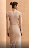 MNM Couture V02030 Rayon Crepe gown with slashed sleeves, refined belt and V-neck. Embellished with rhinestones and crystals. | Couture Shop LA