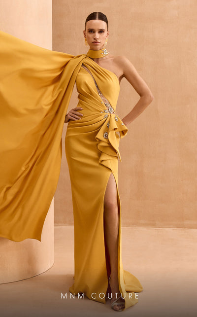 MNM Couture V02033 asymmetric gown embellished with rhinestones with fabric collar and cape. | Couture Shop LA