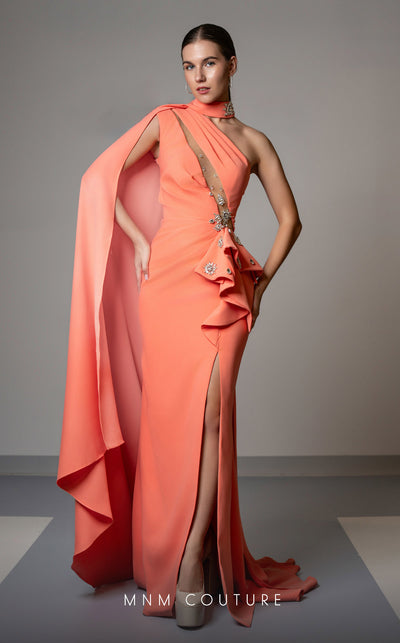 MNM Couture V02033 asymmetric gown embellished with rhinestones with fabric collar and cape. | Couture Shop LA