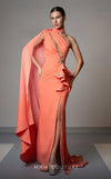 MNM Couture V02033 asymmetric gown embellished with rhinestones with fabric collar and cape. | Couture Shop LA