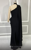 MNM Couture V02033 : Asymmetric Rayon Crepe Gown with Fabric Collar and Cape