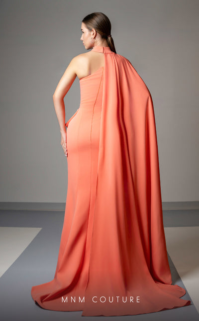 MNM Couture V02033 asymmetric gown embellished with rhinestones with fabric collar and cape. | Couture Shop LA