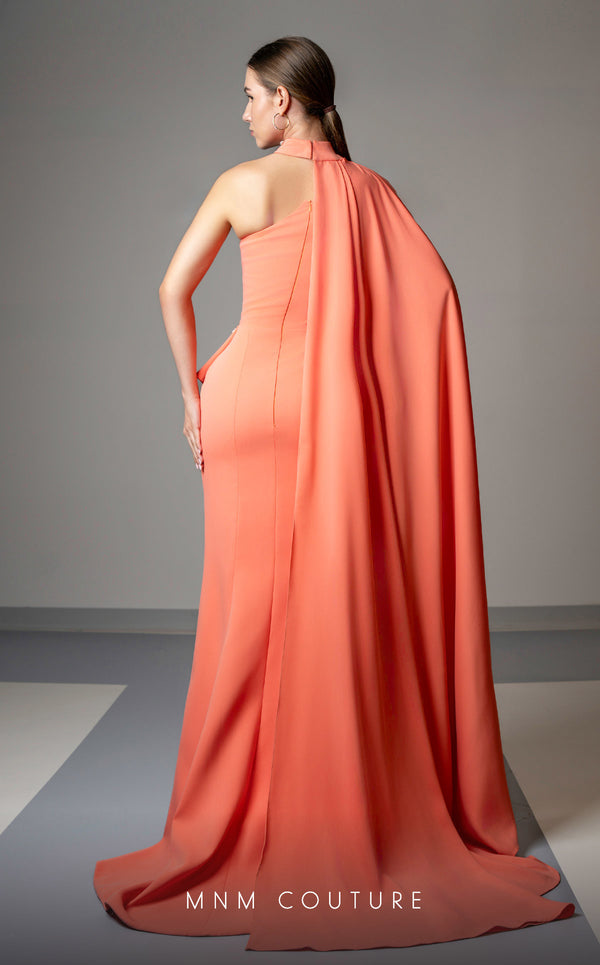 MNM Couture V02033 asymmetric gown embellished with rhinestones with fabric collar and cape. | Couture Shop LA