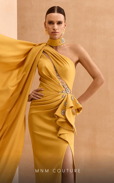 MNM Couture V02033 asymmetric gown embellished with rhinestones with fabric collar and cape. | Couture Shop LA