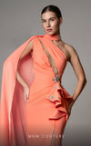 MNM Couture V02033 asymmetric gown embellished with rhinestones with fabric collar and cape. | Couture Shop LA