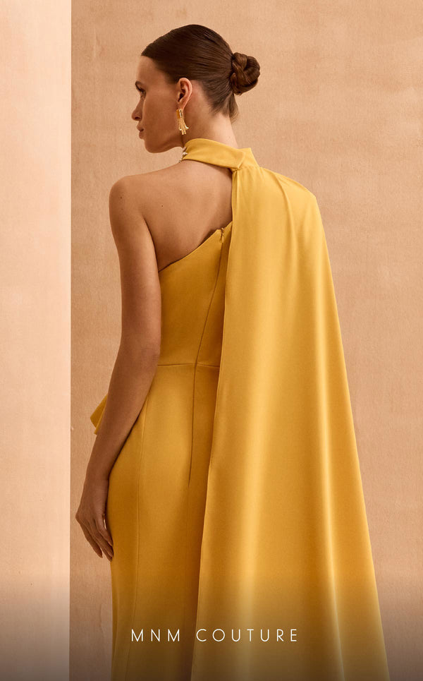 MNM Couture V02033 asymmetric gown embellished with rhinestones with fabric collar and cape. | Couture Shop LA
