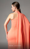 MNM Couture V02033 asymmetric gown embellished with rhinestones with fabric collar and cape. | Couture Shop LA