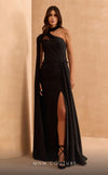 MNM Couture V02037A black rayon crepe dress with cape sleeve, asymmetric neckline, and rhinestones.| Couture Shop LA