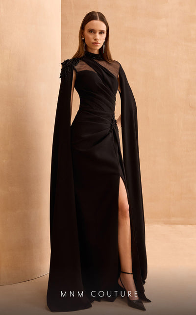 MNM Couture V02037 Rayon Crepe Mermaid gown with High Neck and embellished cape sleeves. | Couture Shop LA
