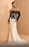 MNM Couture V02038 black & white rayon crepe trumpet gown with floral embroidery and sequins.| Couture Shop LA