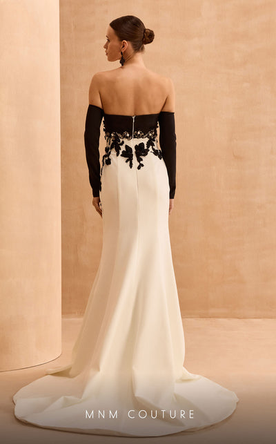 MNM Couture V02038 black & white rayon crepe trumpet gown with floral embroidery and sequins.| Couture Shop LA