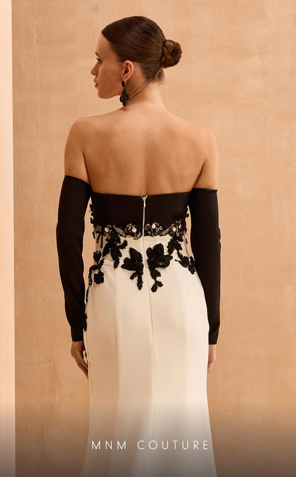 MNM Couture V02038 black & white rayon crepe trumpet gown with floral embroidery and sequins.| Couture Shop LA