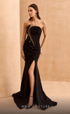 MNM Couture V02040 black rayon crepe mermaid gown with rhinestones, sequins, and a long train.| Couture Shop LA
