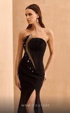 MNM Couture V02040 black rayon crepe mermaid gown with rhinestones, sequins, and a long train.| Couture Shop LA