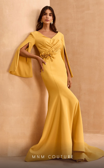 MNM Couture V02044 trumpet gown with cloak sleeves and crystal beads. | Couture Shop LA