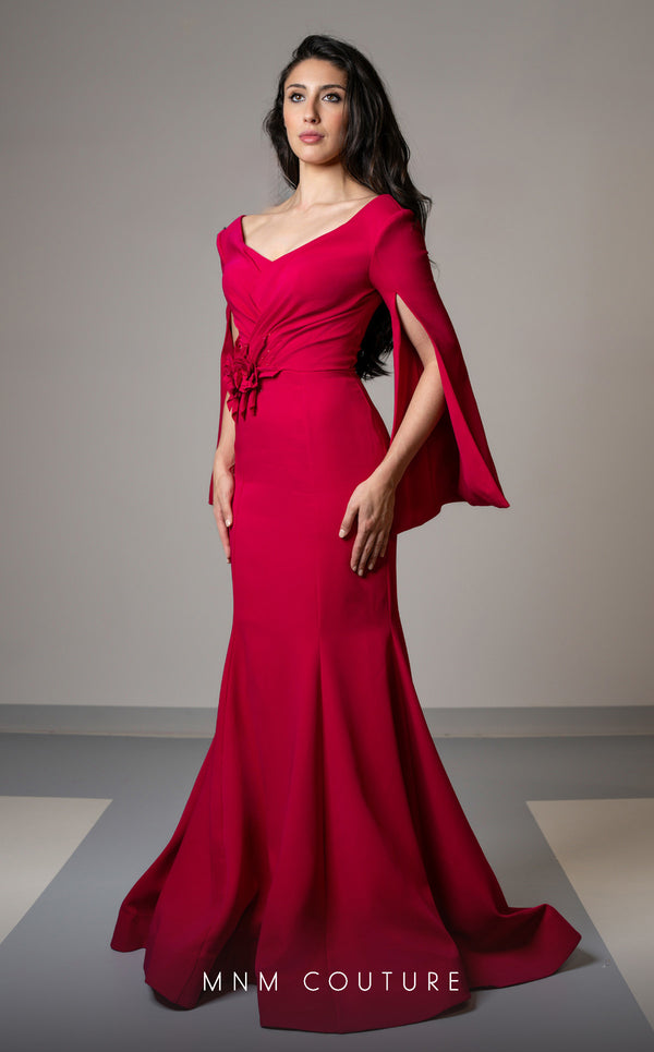 MNM Couture V02044 trumpet gown with cloak sleeves and crystal beads. | Couture Shop LA