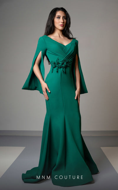 MNM Couture V02044 trumpet gown with cloak sleeves and crystal beads. | Couture Shop LA