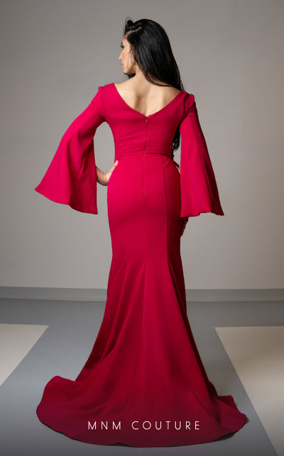 MNM Couture V02044 trumpet gown with cloak sleeves and crystal beads. | Couture Shop LA