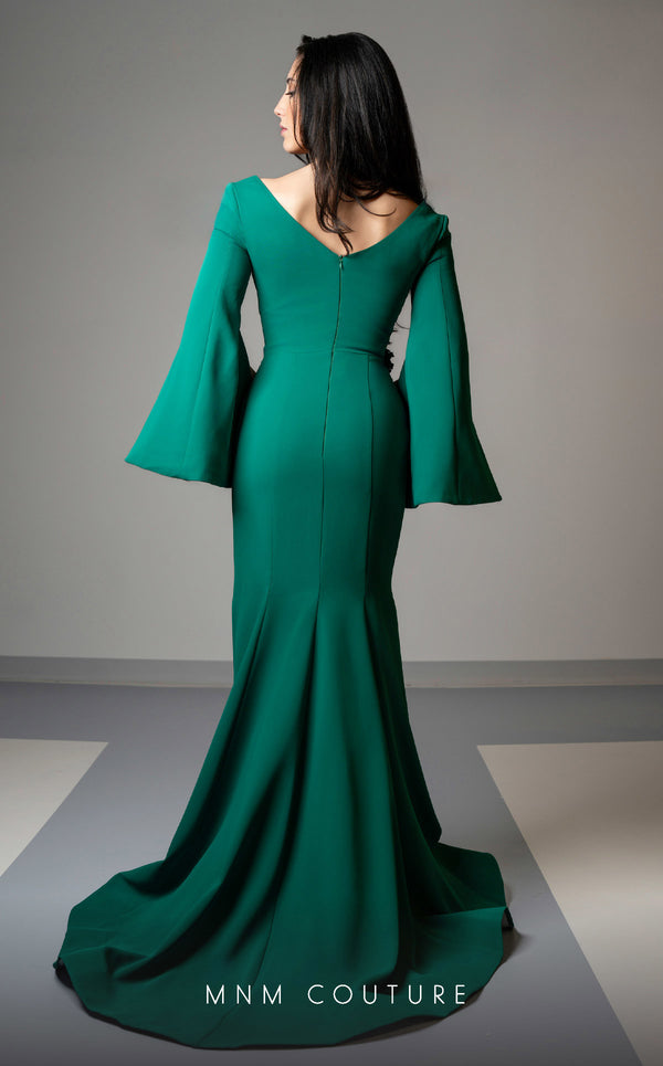 MNM Couture V02044 trumpet gown with cloak sleeves and crystal beads. | Couture Shop LA