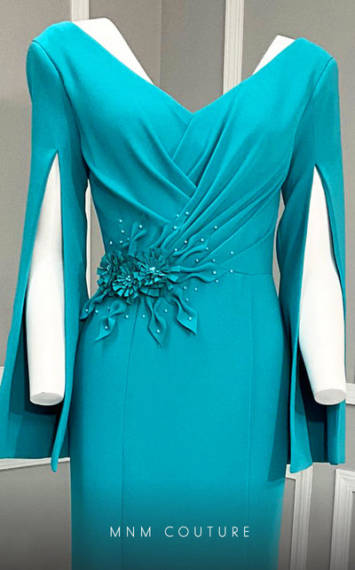 MNM Couture V02044 trumpet gown with cloak sleeves and crystal beads. | Couture Shop LA