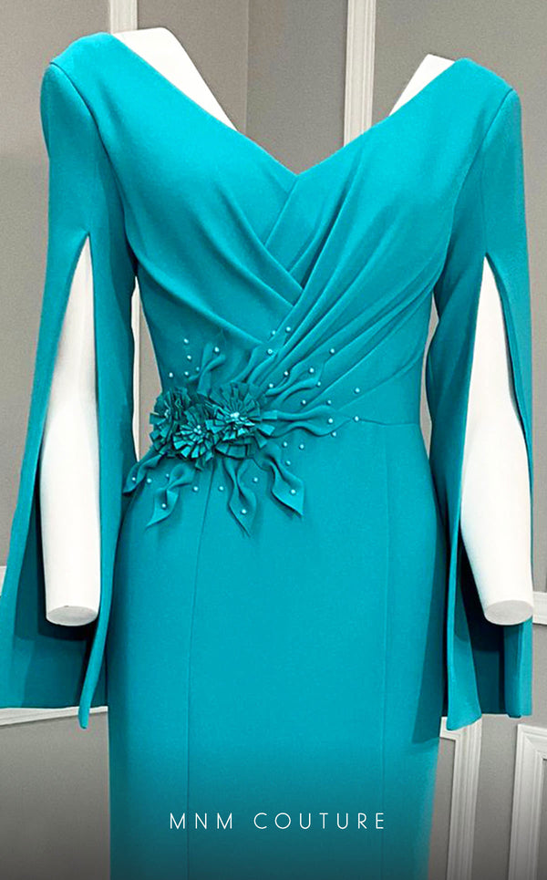 MNM Couture V02044 trumpet gown with cloak sleeves and crystal beads. | Couture Shop LA