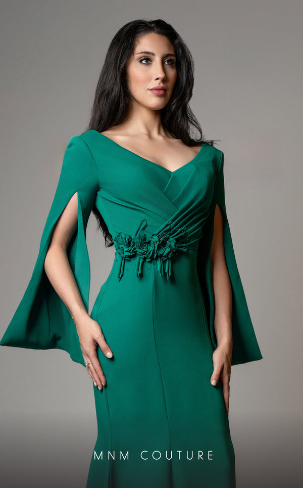 MNM Couture V02044 trumpet gown with cloak sleeves and crystal beads. | Couture Shop LA