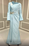 MNM Couture V02055 light blue rayon crepe column gown with train, asymmetric neckline, and rhinestones.| Couture Shop LA