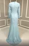 MNM Couture V02055 light blue rayon crepe column gown with train, asymmetric neckline, and rhinestones.| Couture Shop LA