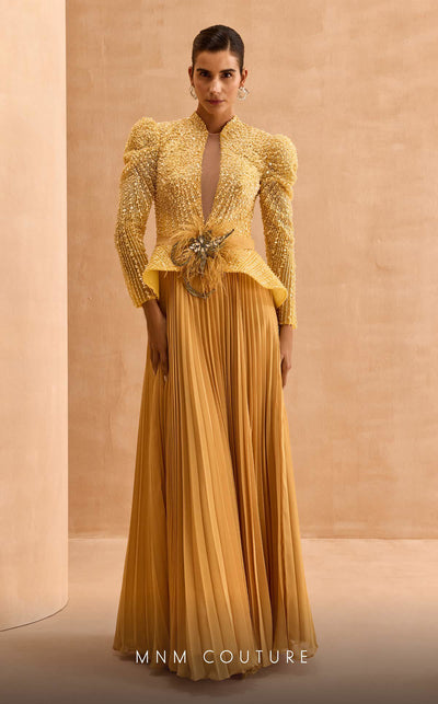 MNM Couture V06941 Chiffon A-line gown with leg of mutton sleeves and rhinestones. | Couture Shop LA