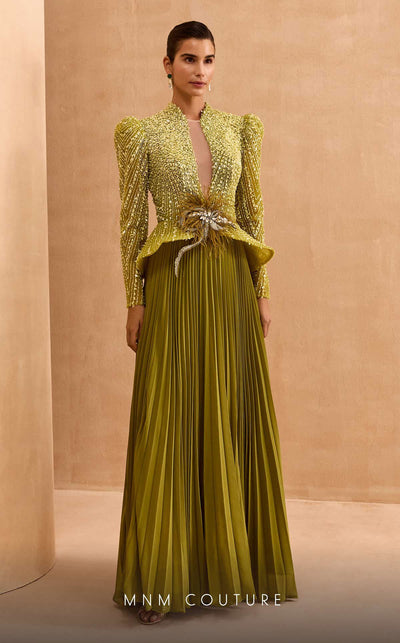 MNM Couture V06941 Chiffon A-line gown with leg of mutton sleeves and rhinestones. | Couture Shop LA