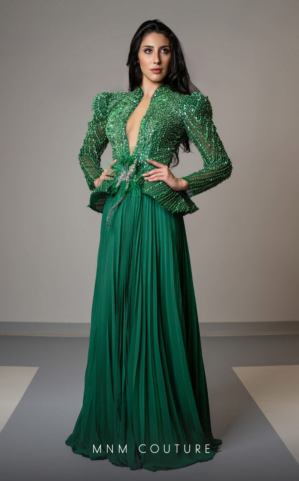 MNM Couture V06941 Chiffon A-line gown with leg of mutton sleeves and rhinestones. | Couture Shop LA