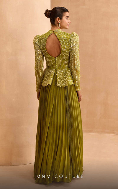 MNM Couture V06941 Chiffon A-line gown with leg of mutton sleeves and rhinestones. | Couture Shop LA