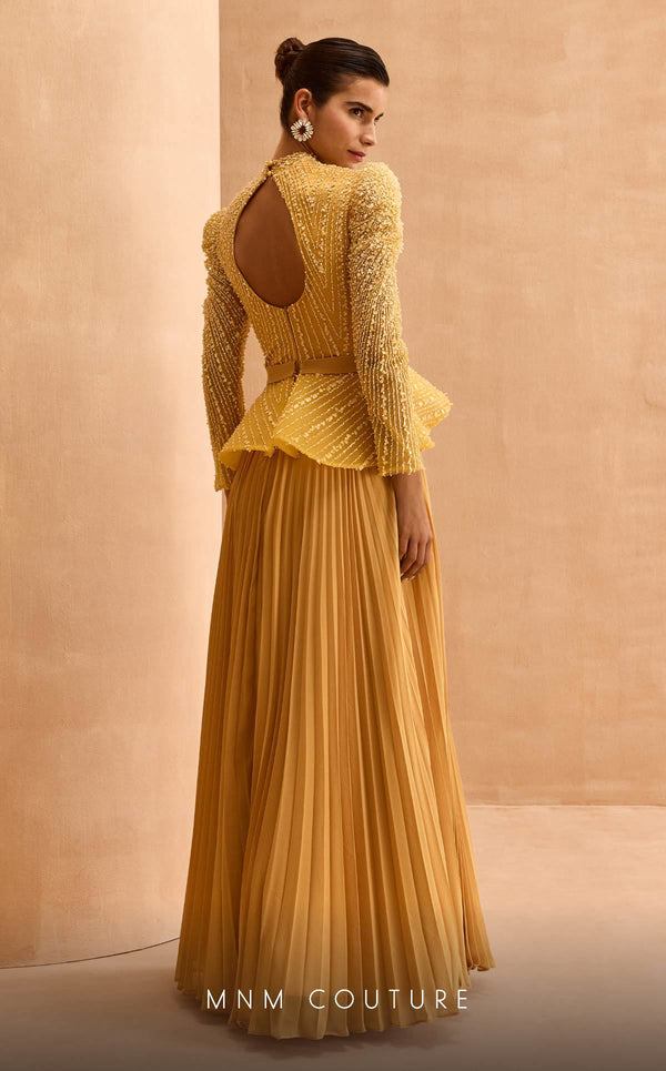 MNM Couture V06941 Chiffon A-line gown with leg of mutton sleeves and rhinestones. | Couture Shop LA