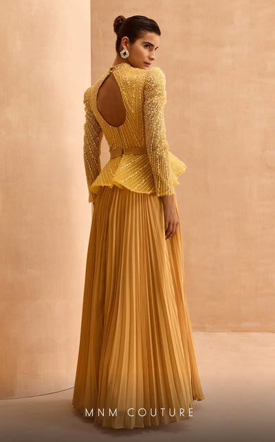 MNM Couture V06941 Chiffon A-line gown with leg of mutton sleeves and rhinestones. | Couture Shop LA