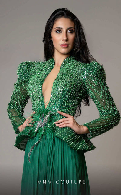 MNM Couture V06941 Chiffon A-line gown with leg of mutton sleeves and rhinestones. | Couture Shop LA