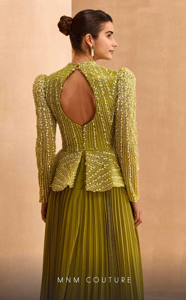 MNM Couture V06941 Chiffon A-line gown with leg of mutton sleeves and rhinestones. | Couture Shop LA