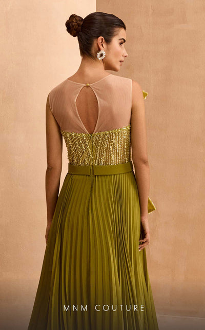 MNM Couture V07014 chiffon gown with illusion neckline and sequins along with a belt with rhinestones. | Couture Shop LA