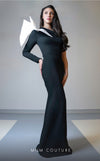 MNM Couture V07245 asymmetric gown with a long sleeve and bow detail.