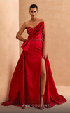 MNM Couture V07353 asymetric sleevless satin column gown with ruffles and beadwork. | Couture Shop LA