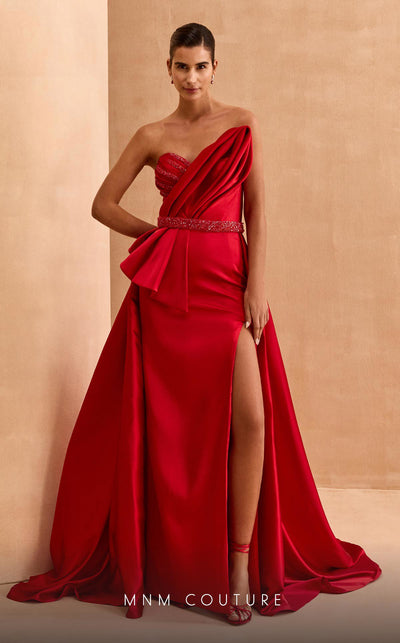MNM Couture V07353 asymetric sleevless satin column gown with ruffles and beadwork. | Couture Shop LA