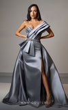 MNM Couture V07353 asymetric sleevless satin column gown with ruffles and beadwork. | Couture Shop LA
